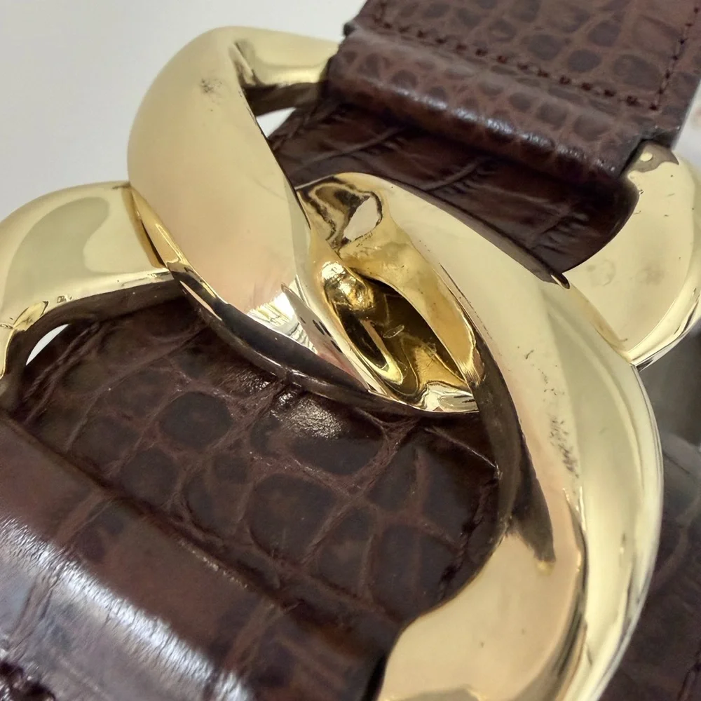 Zara Leather Brown Croc-Embossed Belt with Gold Buckle